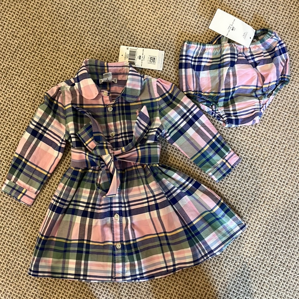 Ralph Lauren baby girl 6 month plaid shirt dress  and bloomer, new with tags